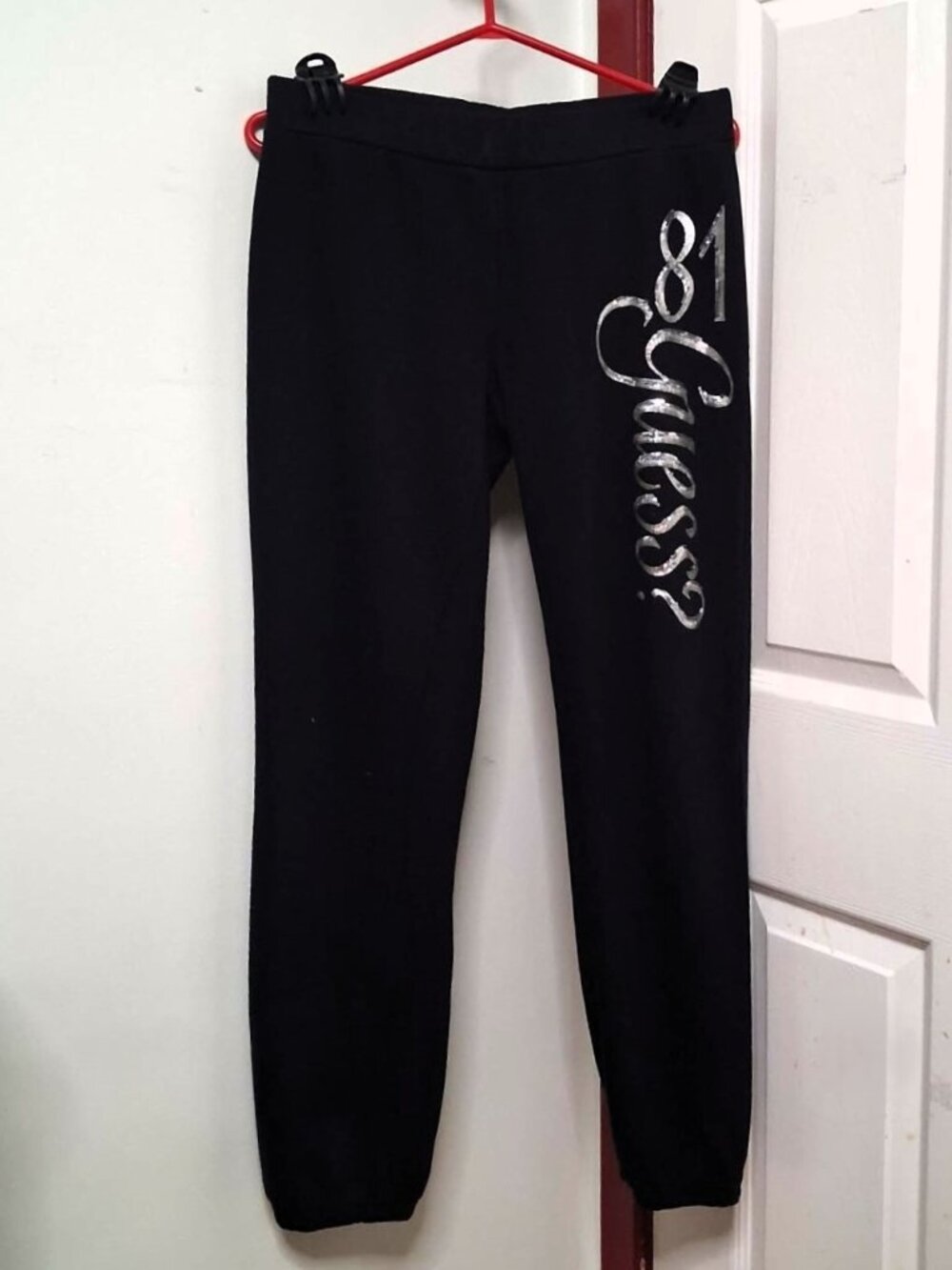 GUESS Black Sequin Logo Joggers Fleece Sweatpants 81 Script Graphic